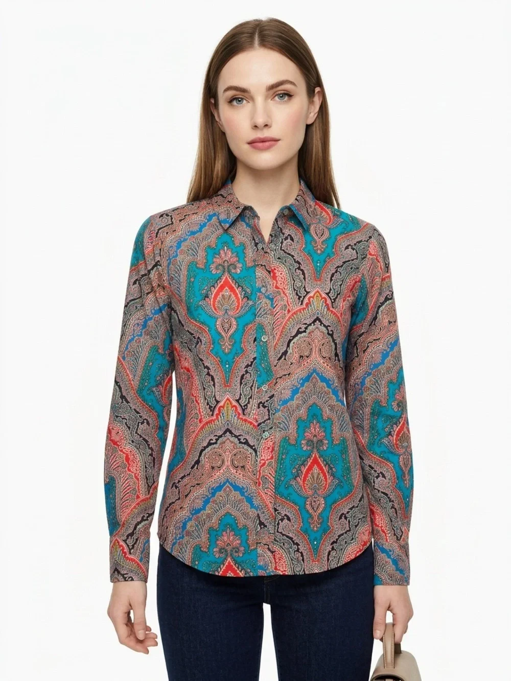 J.Crew Women’s Paisley Print Button-Up Colorful Shirt Aqua Green Red Sz 8 Cotto